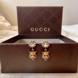 Gucci Crystal Feline Tiger Earrings Aged Gold